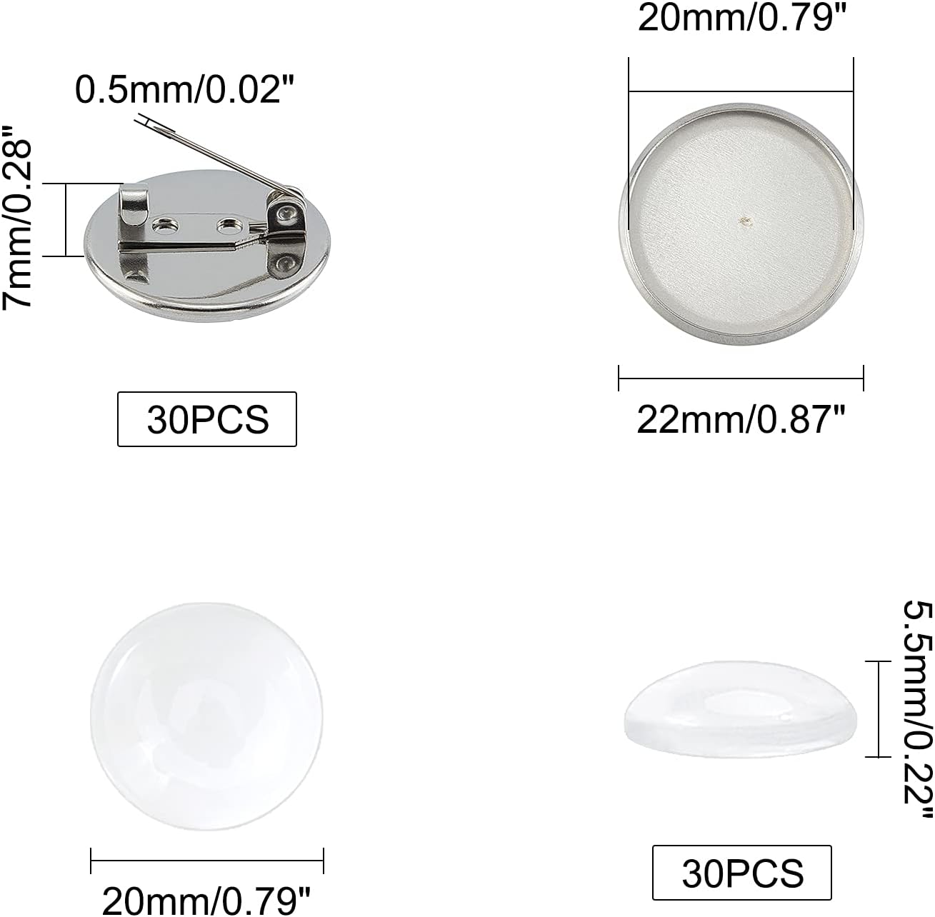 UNICRAFTALE 30 Sets 20mm Flat Round Brooch Pin with Glass Cabochons Stainless Steel Brooch Bezel Trays DIY Brooch Making Kits for DIY Jewelry Making Findings Stainless Steel Color
