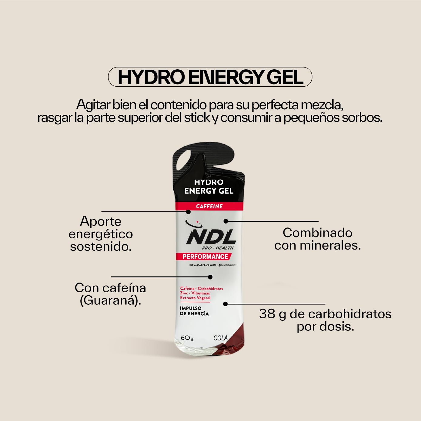 NDL Pro-Health Hydro energy gel | Gel energético para deportistas con carbohidratos y sales minerales | Bajo en azúcar y con cafeína | Aporte energético inmediato | Apertura fácil | COLA | 12x60G