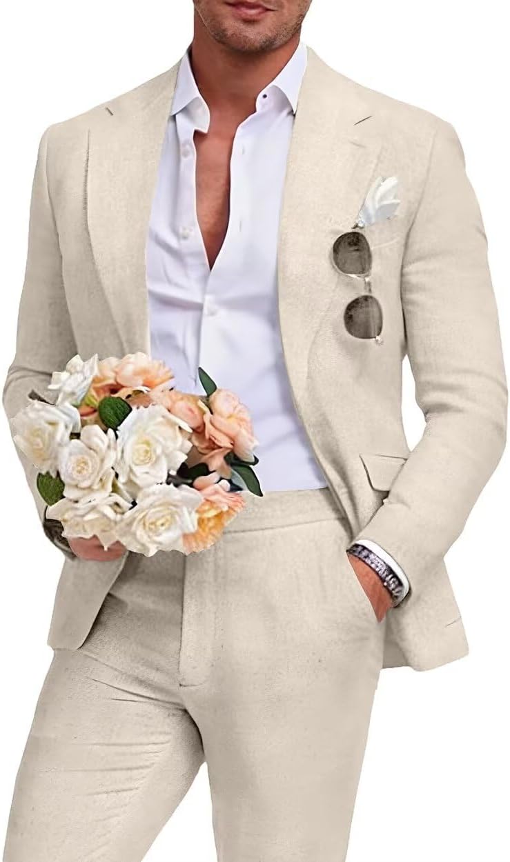 Aowdoy Men's Linen Suit 2 Piece Slim Fit Summer Beach Wedding Dress Tux Prom Suit Blazer Jacket and Pants