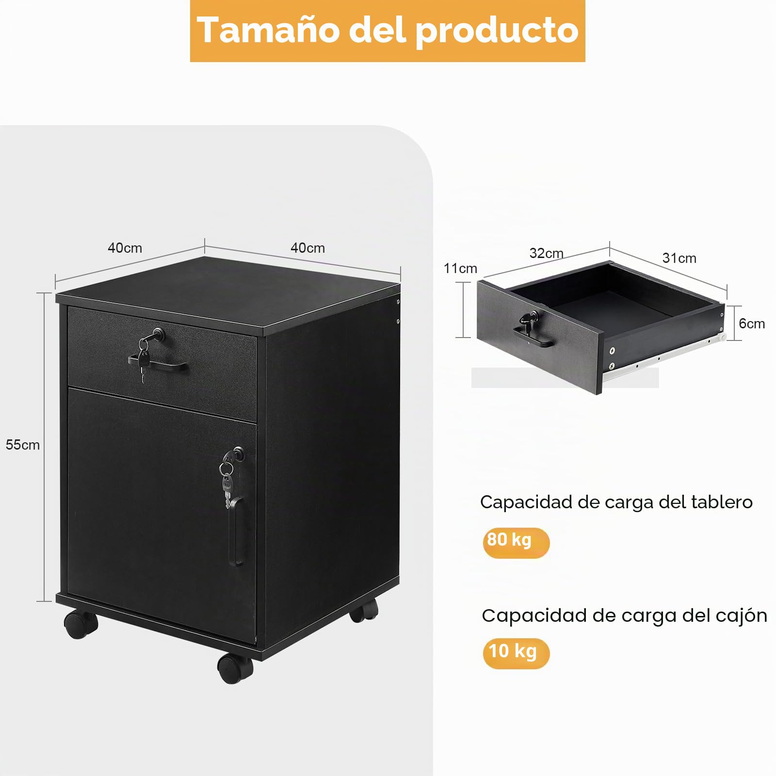 TUKAILAI Cajonera con ruedas, con cerradura, armario de oficina con cajones, armario de oficina con ruedas, compartimentos para muebles de oficina, 40 x 40 x 57 cm, color negro