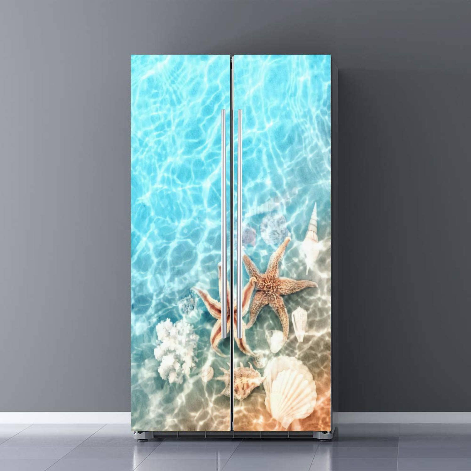 Self Adhesive Vinyl Refrigerator Wrap Set Starfish Coral Summer Beach sea Water Summer Door Mural Sticker Removable Fridge Sticker Full Door Cover Peel and Stick Kitchen Decor