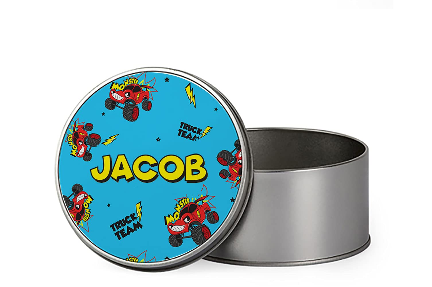Giftme Personalised Funny Monster Truck Kids' Storage Box - Round Tin Gift - 18.4 x 11.4 x 5.5 cm - Portable, Removable, Dry Foods & Emergency Supplies