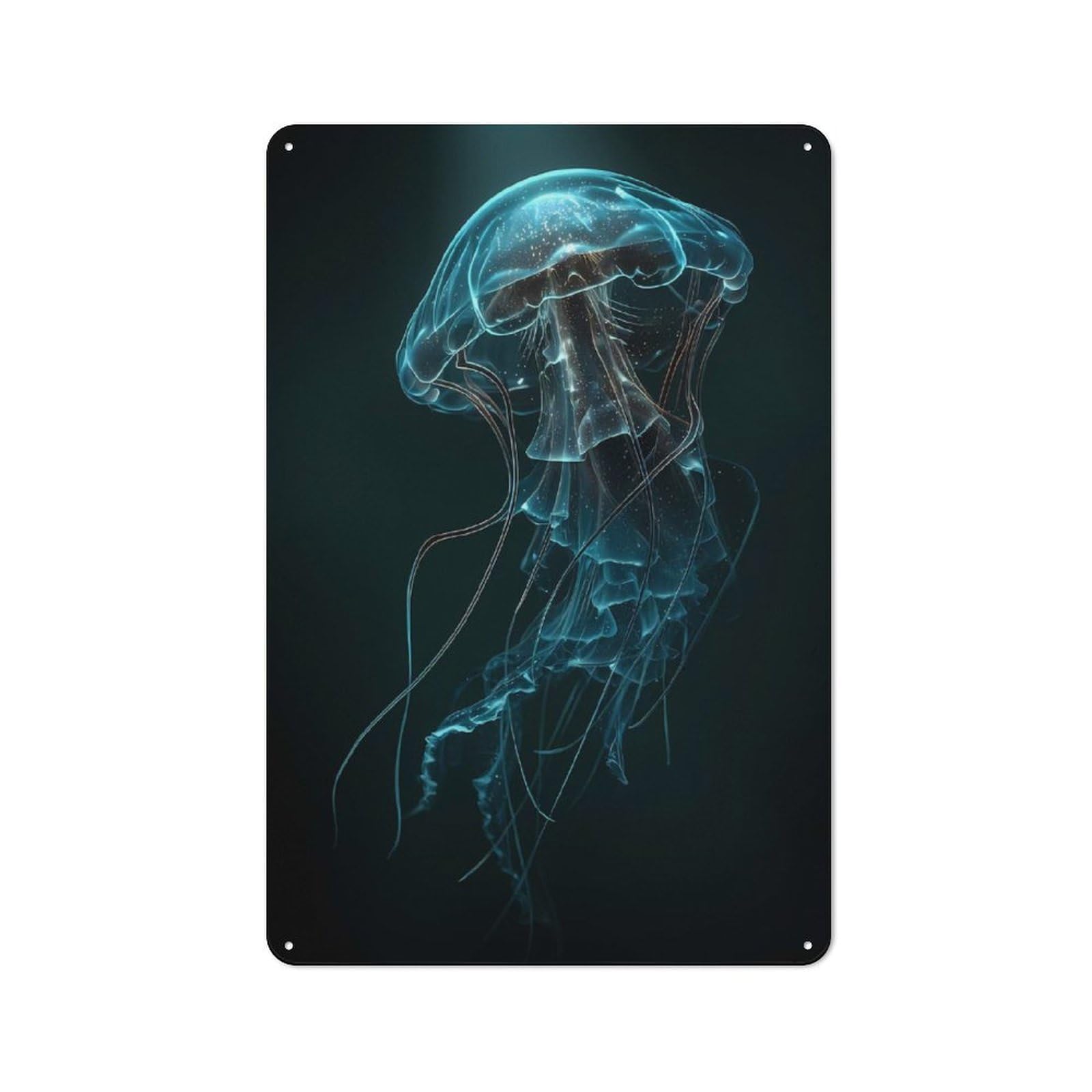Glowing Jellyfish in Dark Water Metal Wall Plaque, Easy to Hang Plaque for Home Cafe, Breakfast Area Or Pantry Wall, 30x20cm
