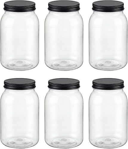 novelinks Tarros de plástico transparente de 32 onzas con tapas, paquete de 6 tarros grandes de plástico con tapas de 32 onzas, recipientes