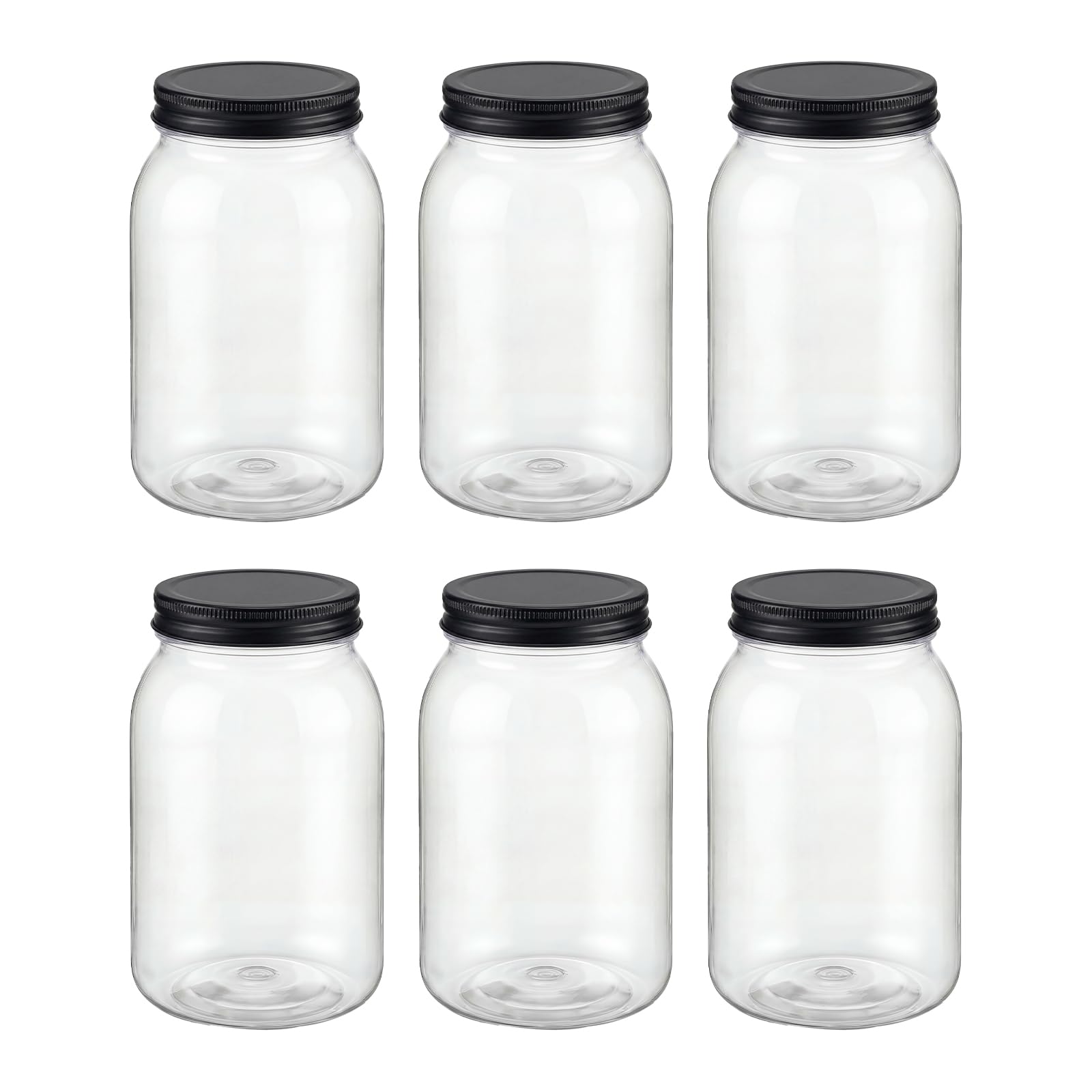 novelinks 32 oz Clear Plastic Jars with Lids, 6 Pack Large Plastic Mason Jars with Lids 32oz, Reusable Quart Containers for Kitchen Organization (6 Pack,Black)
