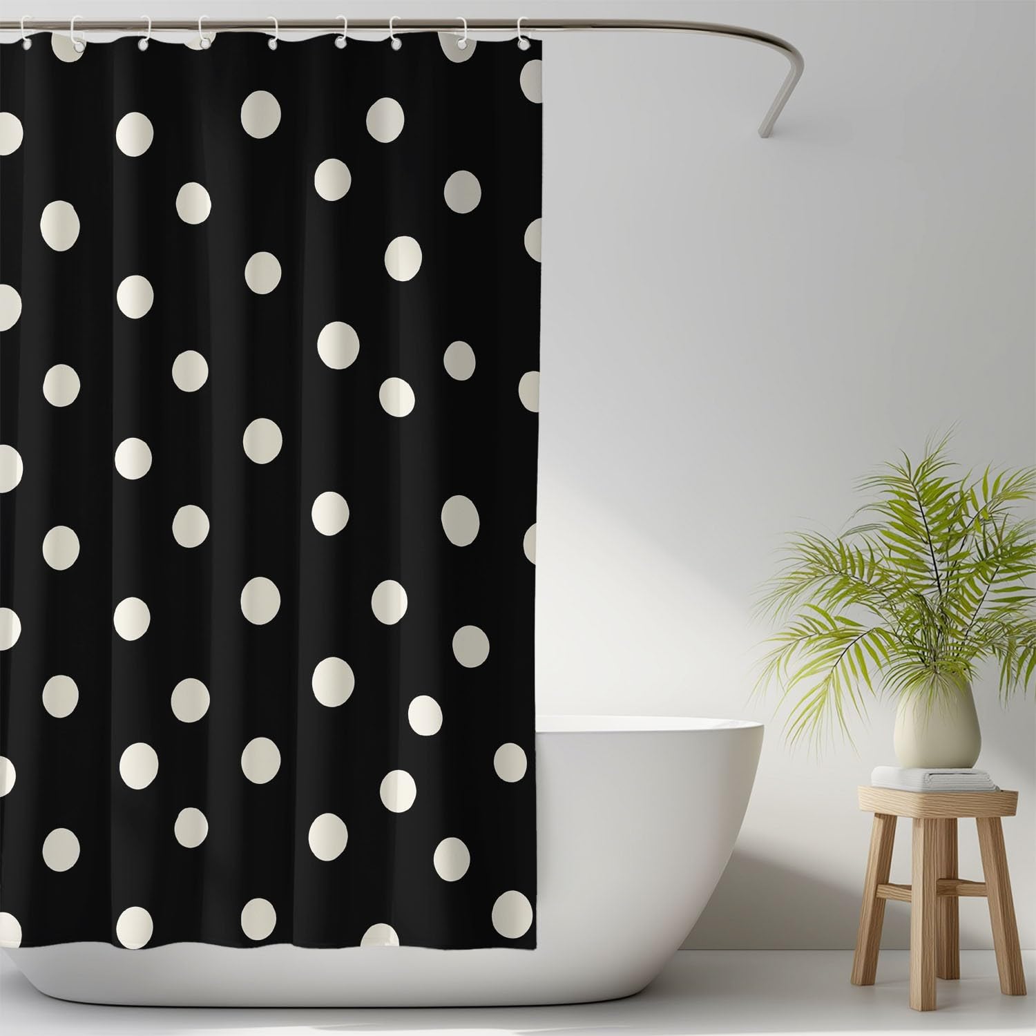 Cortina de ducha genérica antimoho, cortina de ducha clásica, lunares 180 x 180 cm, tela lavable simple, elegante, lunares y cortinas, baño con ganchos, negro y blanco