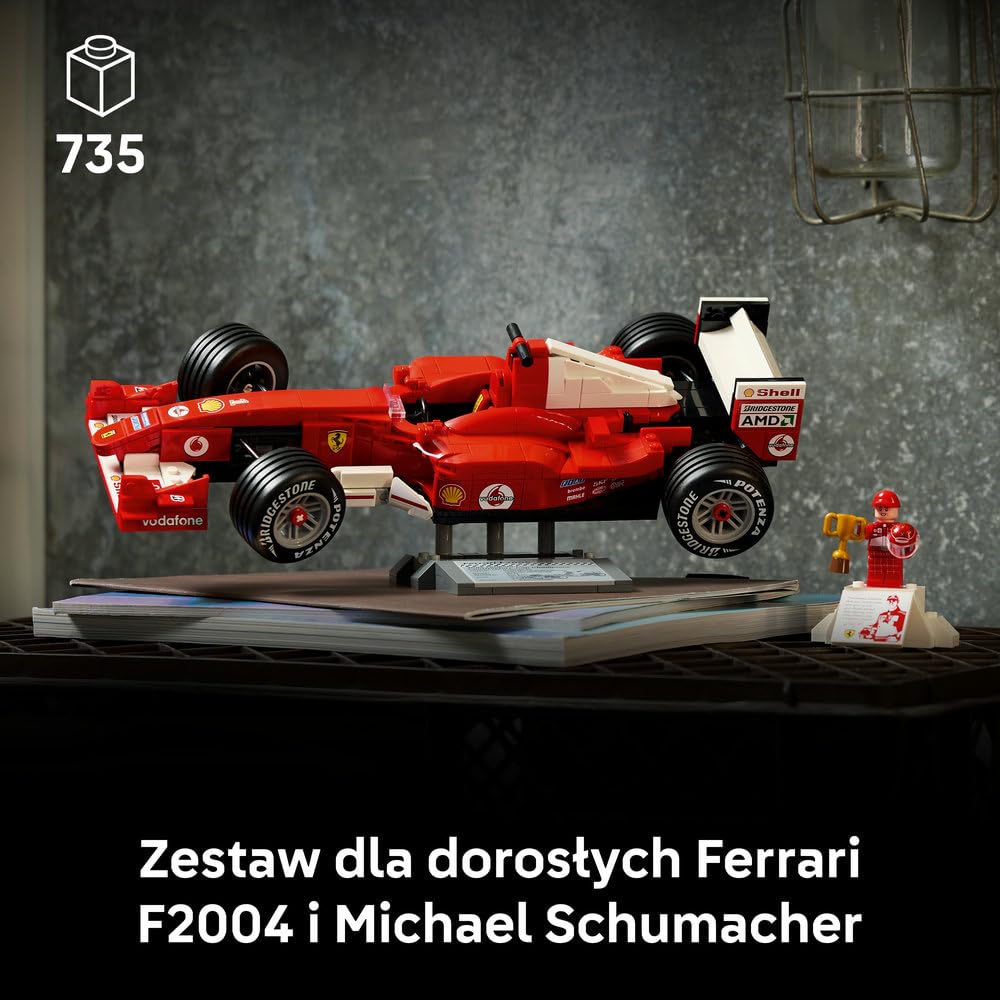 LEGO Icons Ferrari F2004 i Michael Schumacher, zestaw konstrukcyjny dla dorosłych z modelem bolidu F1, kolekcjonerski samochód wyścigowy, pomysł na prezent dla mężczyzny i kobiety 11375