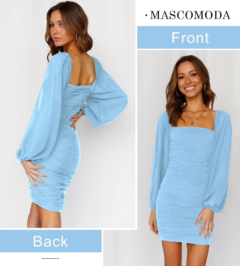MASCOMODA Damska elegancka kwadratowa szyja latarnia z długim rękawem mini marszczona sukienka bodycon elastyczna siatka wąska sukienka koktajlowa na imprezę