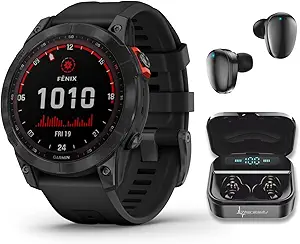 Wearable4U Garmin Fenix 7 Solar 47 mm Multisport GPS Touchscreen Smartwatch, Slate Gray with Black Band, 33 mm. Display Black Earbuds Bundle
