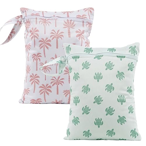 CoolaPeach 2Pcs Baby Wet Dry Bags for Cloth Diaper,Waterproof Reusable Travel Bags, Beach, Pool, Gym Bag for Swimsuits, Beach Vacation Essentials (Coconut Tree and Turtle)