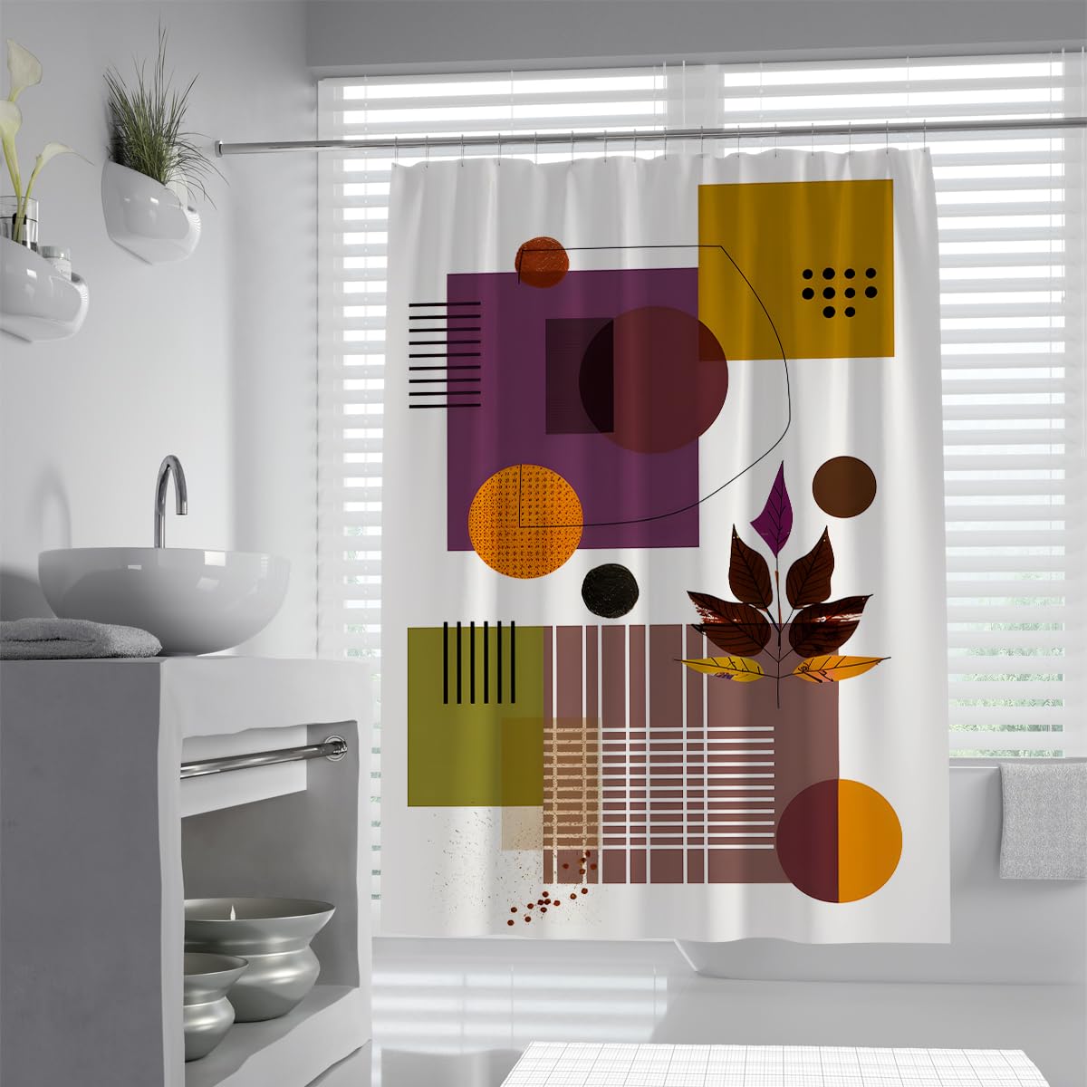 UIRINGART Artistic Bathroom Curtains W100xL180cm Abstract Geometric Plant Branch and Grid Block Dot Pattern Washable Polyester Fabric with Hooks Home Hotel Shower Curtain