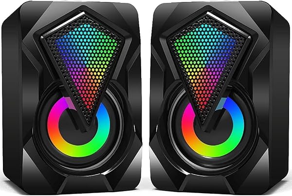 NJSJ Computer Speakers for Desktop, USB-Powered Stereo 2.0 PC Speakers with 3.5mm Aux input, Portable Mini Speaker for Laptop Smartphones MAC, Colorful RGB Lights(Black) - 1