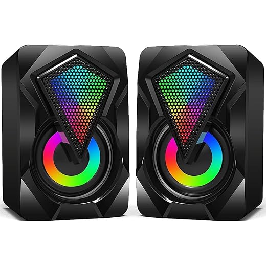مكبرات صوت صغيرة محمولة للكمبيوتر من ان جيه اس مكبر ستيريو صغير لسطح المكتب مع اضاءة LED ملونة ومنفذ USB 2.0 وAux 3.5 ملم للالعاب والوسائط المتعددة لشاشة ولاب توب