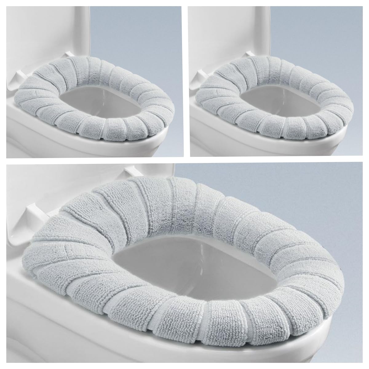 3 x Antibacterial Warm and Soft Washable Stretch Toilet Seat Cover Cushion for Toilet Seat Cushion (Grey)