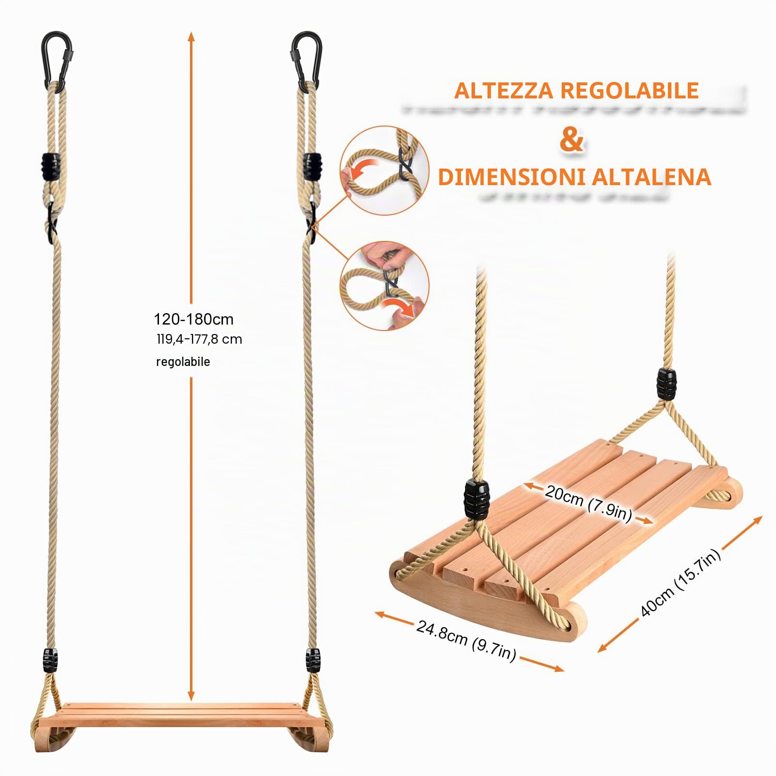 Altalena in Legno da Giardino per Bambini e Adulti Con Corda Regolabile - Sedile per Interno ed Esterno