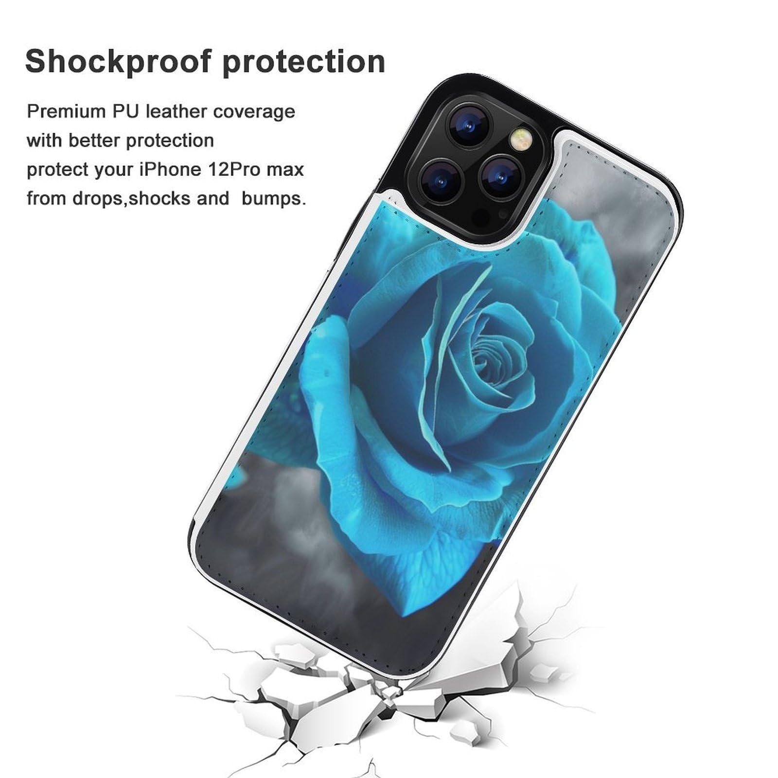 Fundas tipo cartera para iPhone 12 Pro Max, funda de piel con tapa y ranuras para tarjetas con estampado de rosas azules