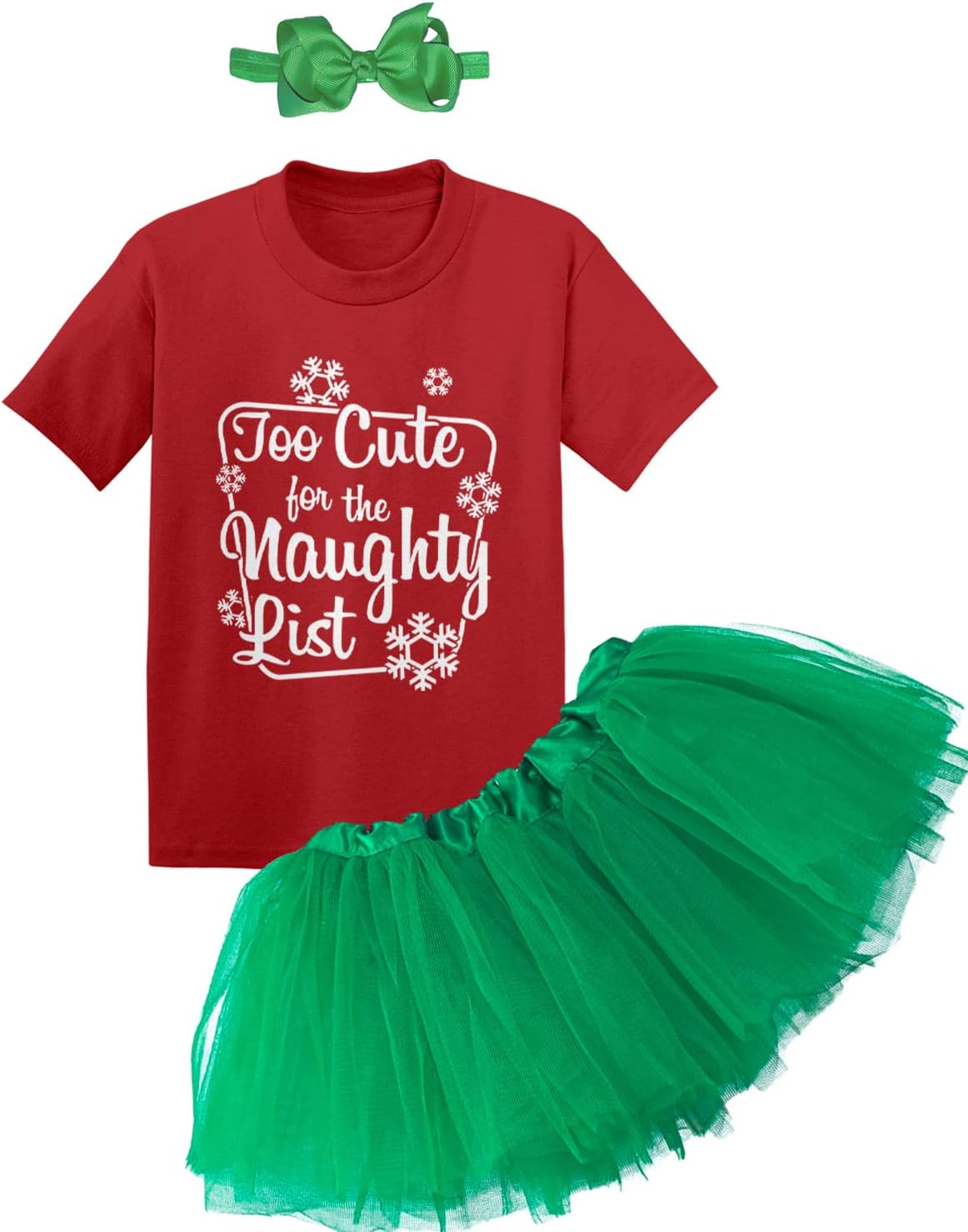 Too Cute For The Naughty List - Christmas Xmas Baby Bodysuit + Tutu Skirt + Bow Headband Set