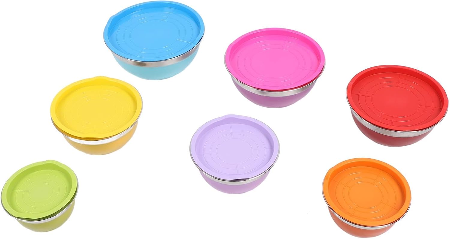 CDQL 7PCS Mixing Bowls, Stainless Steel Plastic Stackable Nesting Bowl Salad Food Container Set, Kitchen Bowls with Lids for Baking, Serving