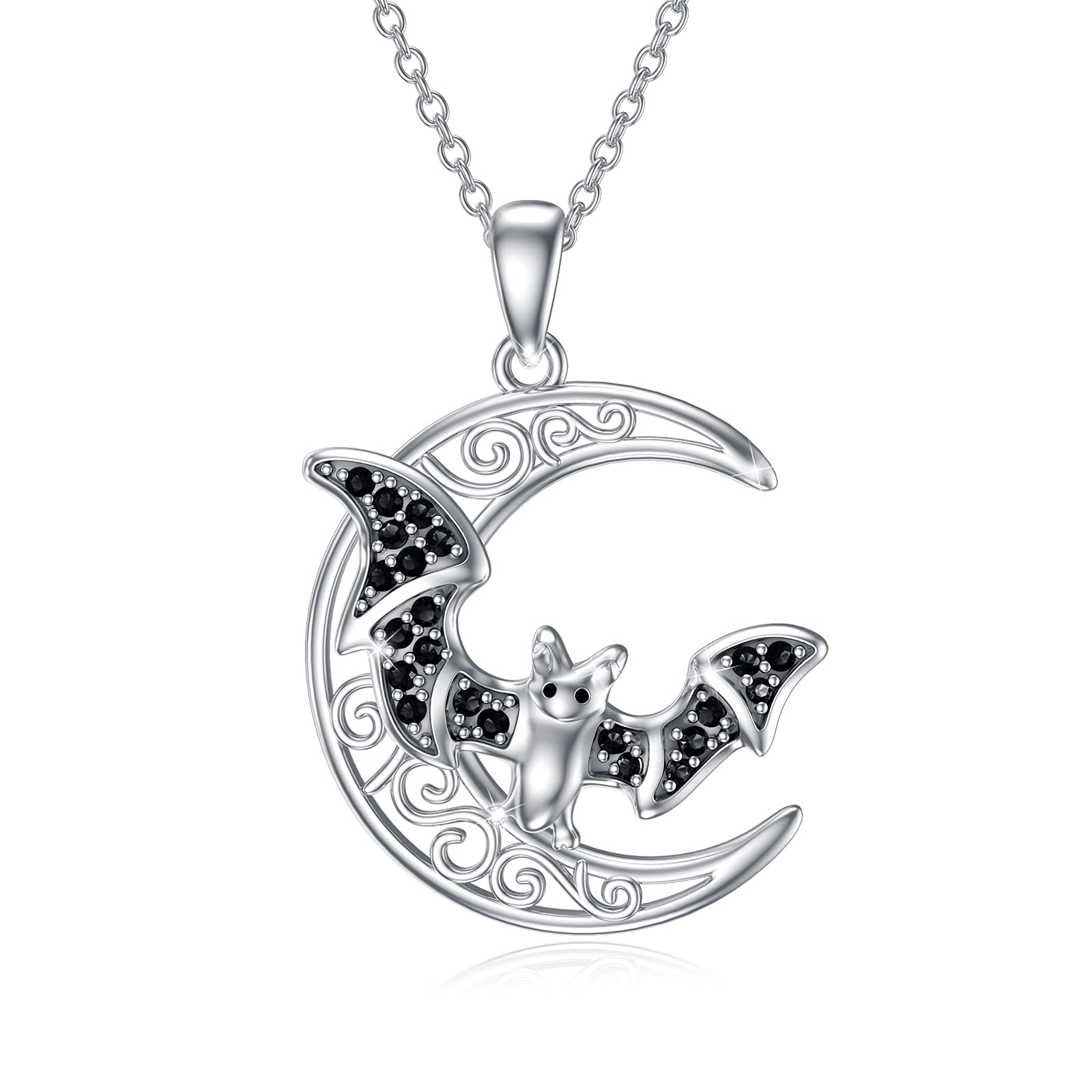 Collar de luna celta de murciélago de plata de ley 925 con colgante de luna creciente con collar de murciélago negro, joyería de Halloween, regalos para mujeres y niñas