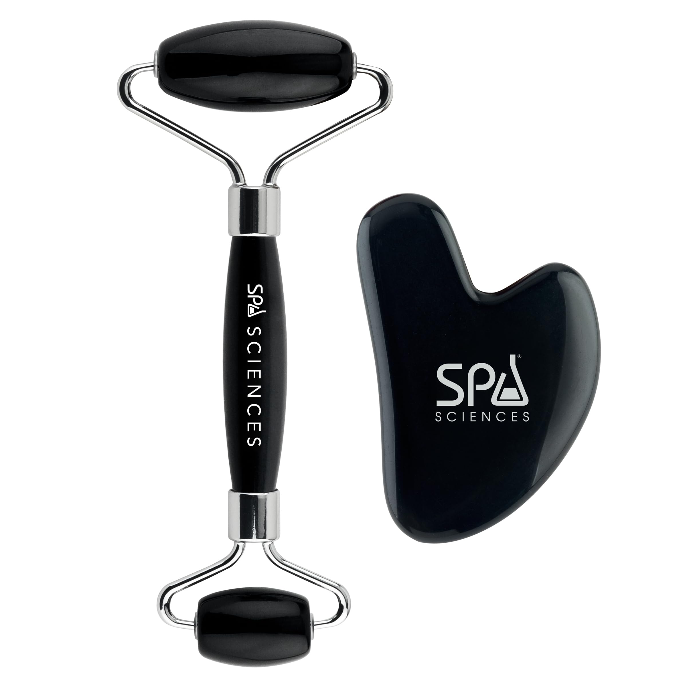 SPA SCIENCES - Obsidian Roller & Gua Sha - Black Obsidian Stone Contouring Set