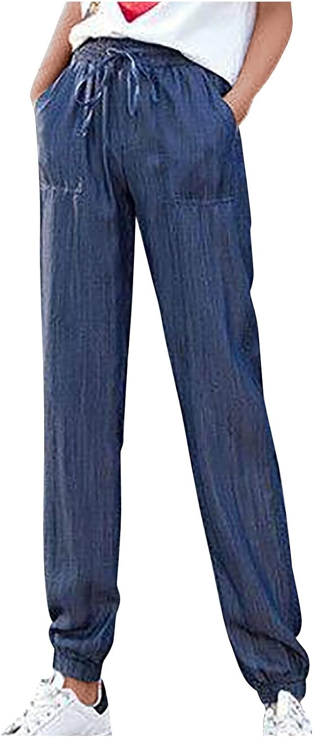 Women Rib Cuffs Jogger Jeans Elastic Waist Drawstring Bow Tie Denim Pants Lightweight Baggy Casual Straight Trousers