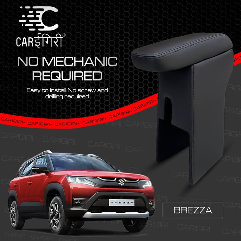 Image of Carigiri Premium Finish Car Armrest with Storage Box And High Density Moulded Foam For Maruti Suzuki New Vitara Brezza (Models-2022-2024) (Black With Black Double Stitching,Nappa Leatherette)