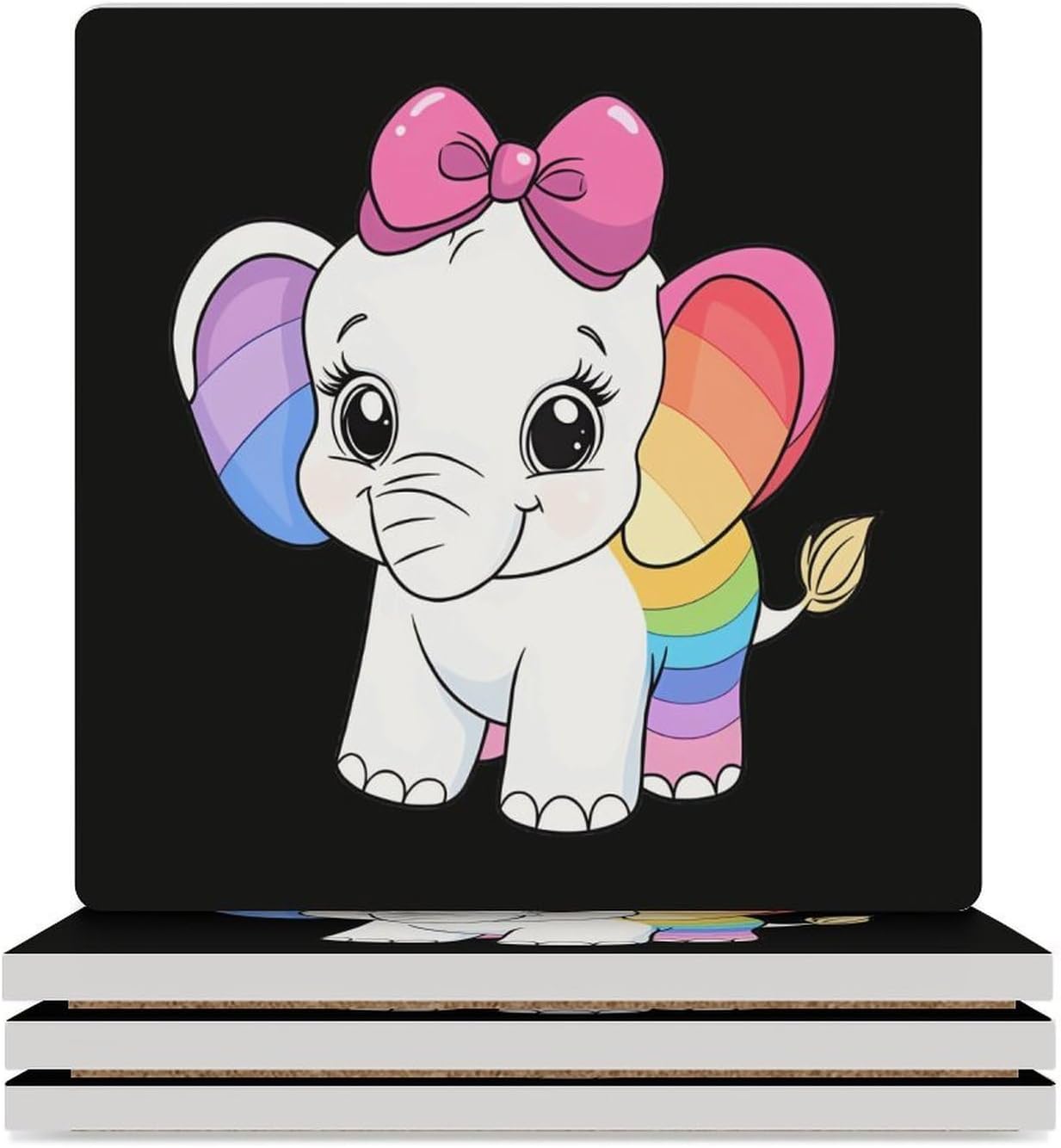 Cute Elephant Rainbow Funny Ceramic Coasters for Drink Absorbent Cup Holders Tabletop Protection
