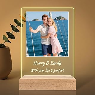 Fashimontr Personalised Custom Night Light with Photo & Text – LED Acrylic Plaque with Wooden Base – Gift for Couples, Family, Anniversary, Birthday, Valentine’s Day