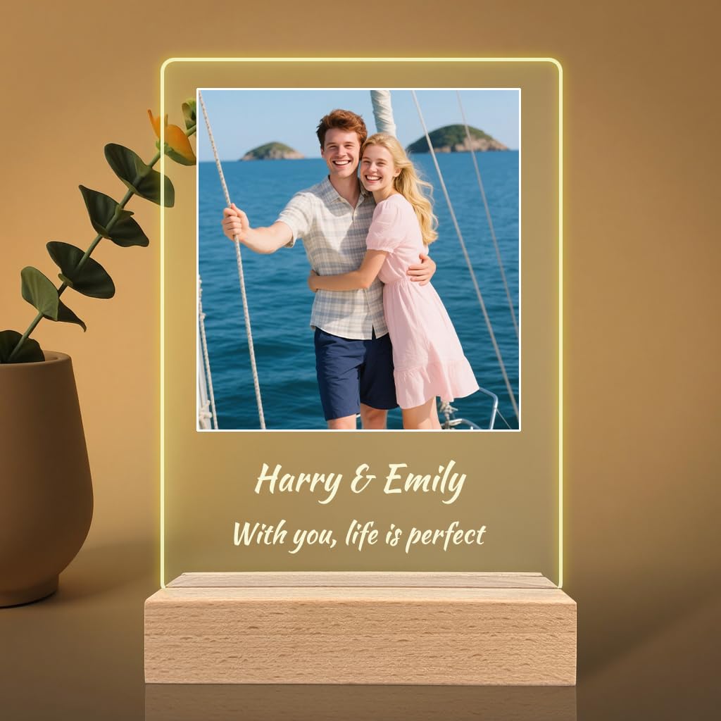 Fashimontr Personalised Custom Night Light with Photo & Text – LED Acrylic Plaque with Wooden Base – Gift for Couples, Family, Anniversary, Birthday, Valentine’s Day