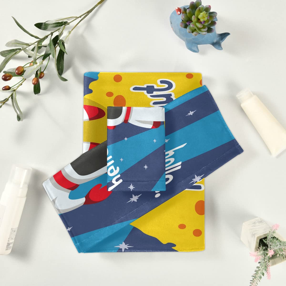 Astronauta Luna Linda Caricatura Juego de Toallas para Baño Playa 100% Algodón de Piscina Toalla (1 Toalla de Baño y 1 Toalla de Mano y 1 Paño de Lavado) para Nadar Hotel Niñas Niños Niños