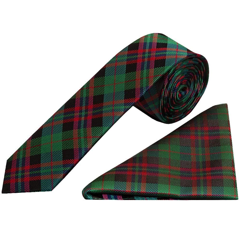 Chatsworth Collection Green and Red Tartan Silk Skinny Boys Tie and Pocket Square Set