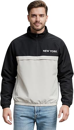 OYOANGLE Mens Y2K Half Zip Up Jacket Letter Print Contrast Colo Patchwork Windbreak Unisex Streetwear Lightweight Jackets