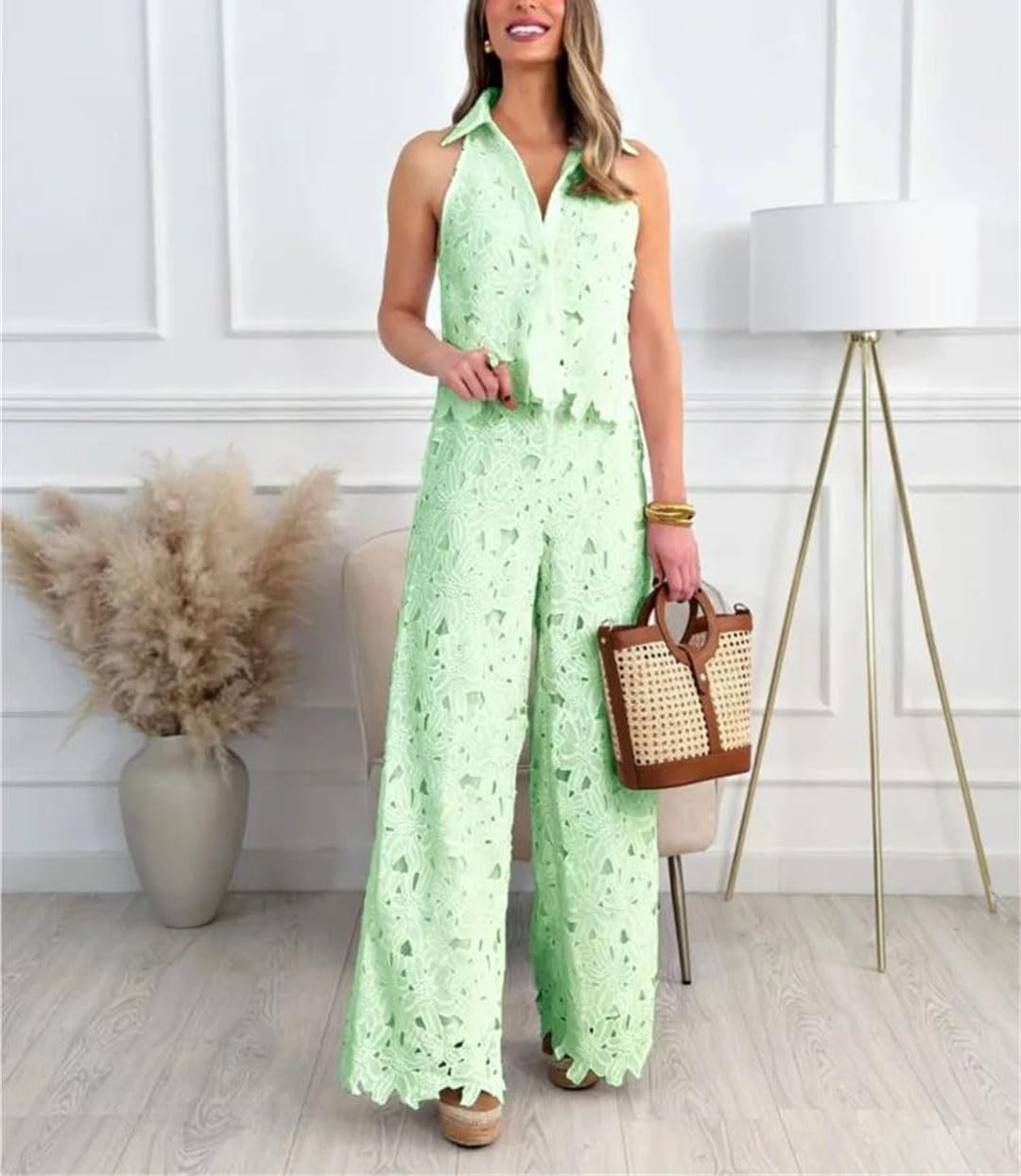 Women's Embroidered Two Piece Set V Neck Vest Top Straight Leg Pants Casual Outfit