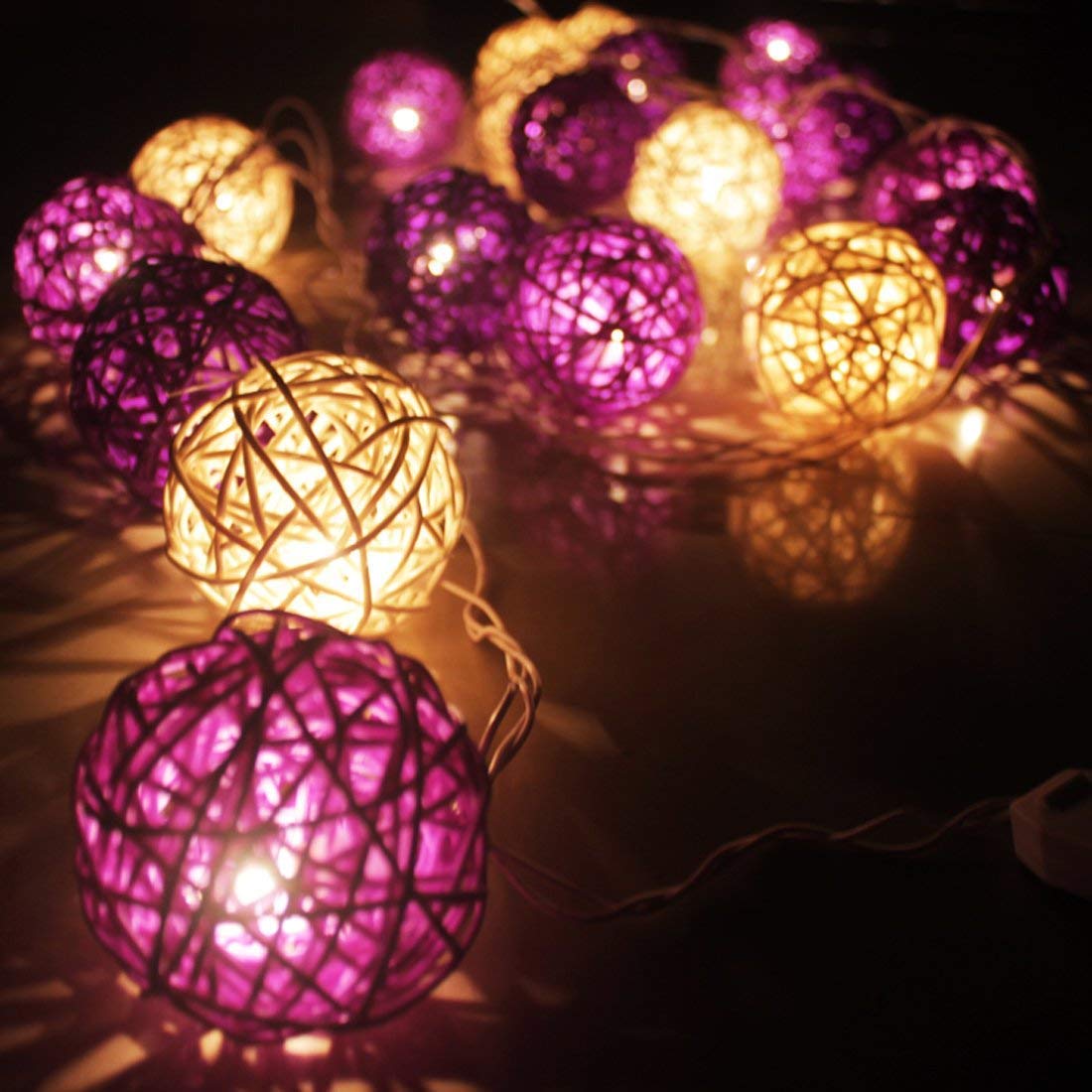 Antm Warm White+Purple Rattan Ball String Lights, 3M/9.8Ft,Battery Operated 20 Led String Lights, Indoor Fairy String Lights Decorative For Bedroom Party Wedding (Warm White+Purple)