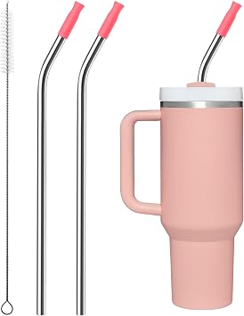 2 Pcs Stainless Steel Straw with Silicone Tips for 30 oz Stanley Tumbler, Repeatable 30 oz Metal Straws for Stanley Adventure Quencher Travel Tumbler Cup, BPA FreePink Dusk