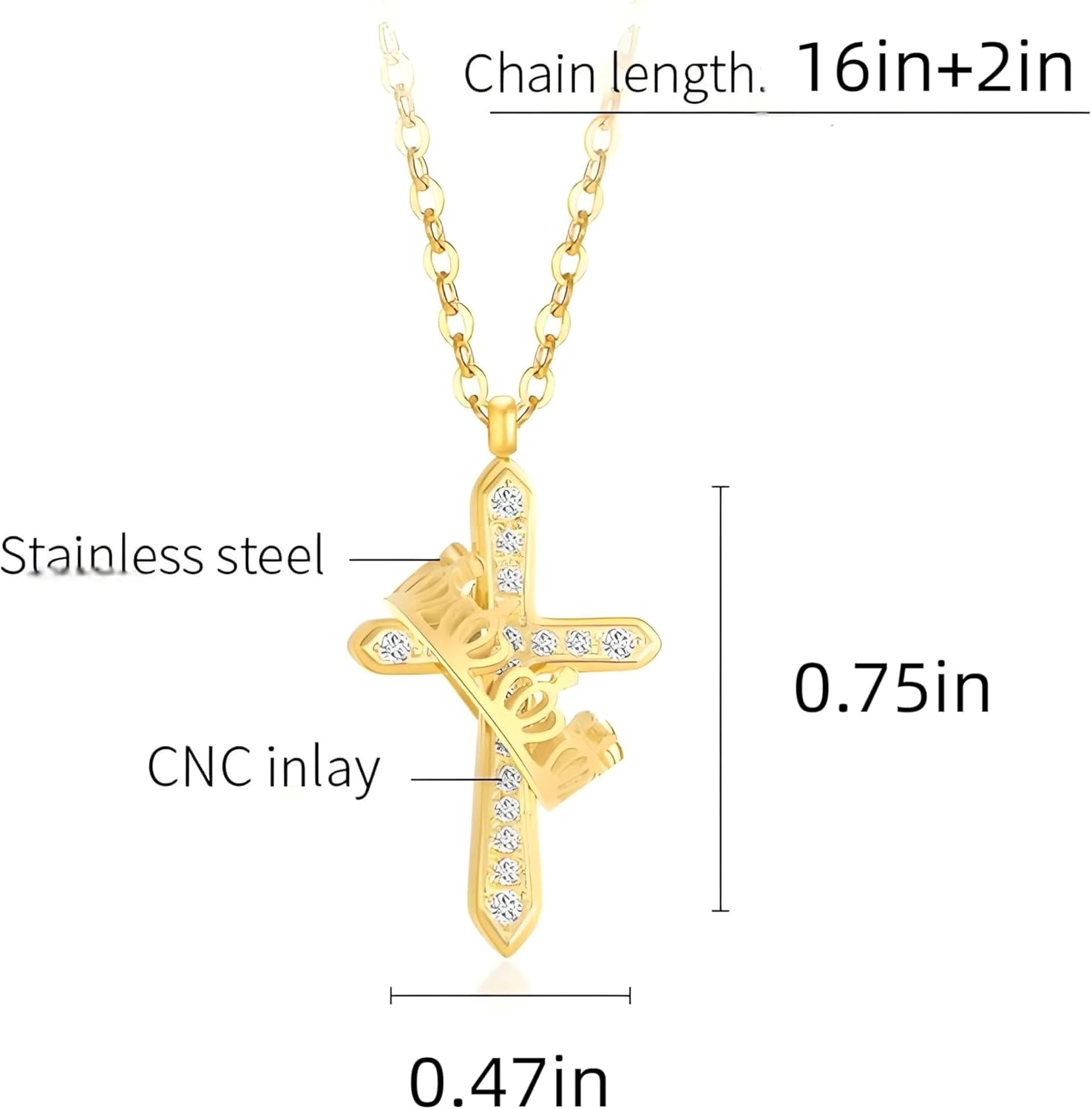 DASIQI Timeless Cross with Crown Pendant Necklace for Women | Hypoallergenic Titanium Steel Chain | Adjustable 16"+2" Zirconia-Studded Elegance Christian Religious Gifts Faith Jewelry Gold & Silver