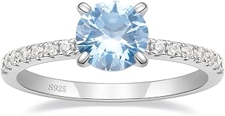925 Sterling Silver Engagement Rings for Women Created Blue Aquamarine Emerald Round Cut Solitaire CZ Wedding Band Promise Ring for Her Size 5-10
