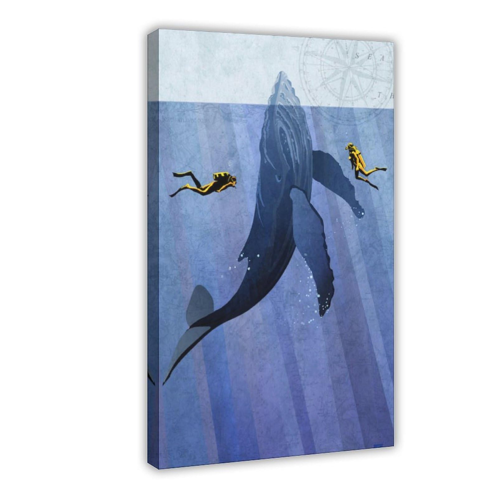 Jfecth Frame-Style Scuba Divers And Whale Nautical Ocean Poster Canvas Poster For Office Decor Gift