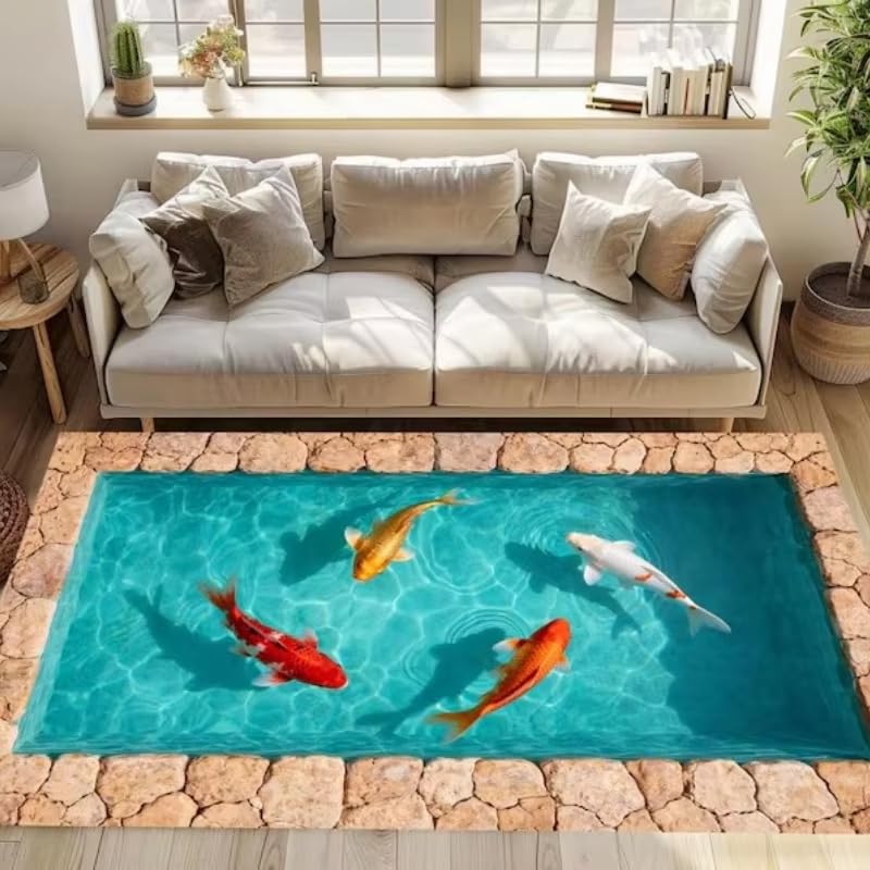 Tapis de sol décoratif motif aquatique et carpes koï pour entrée ou bureau