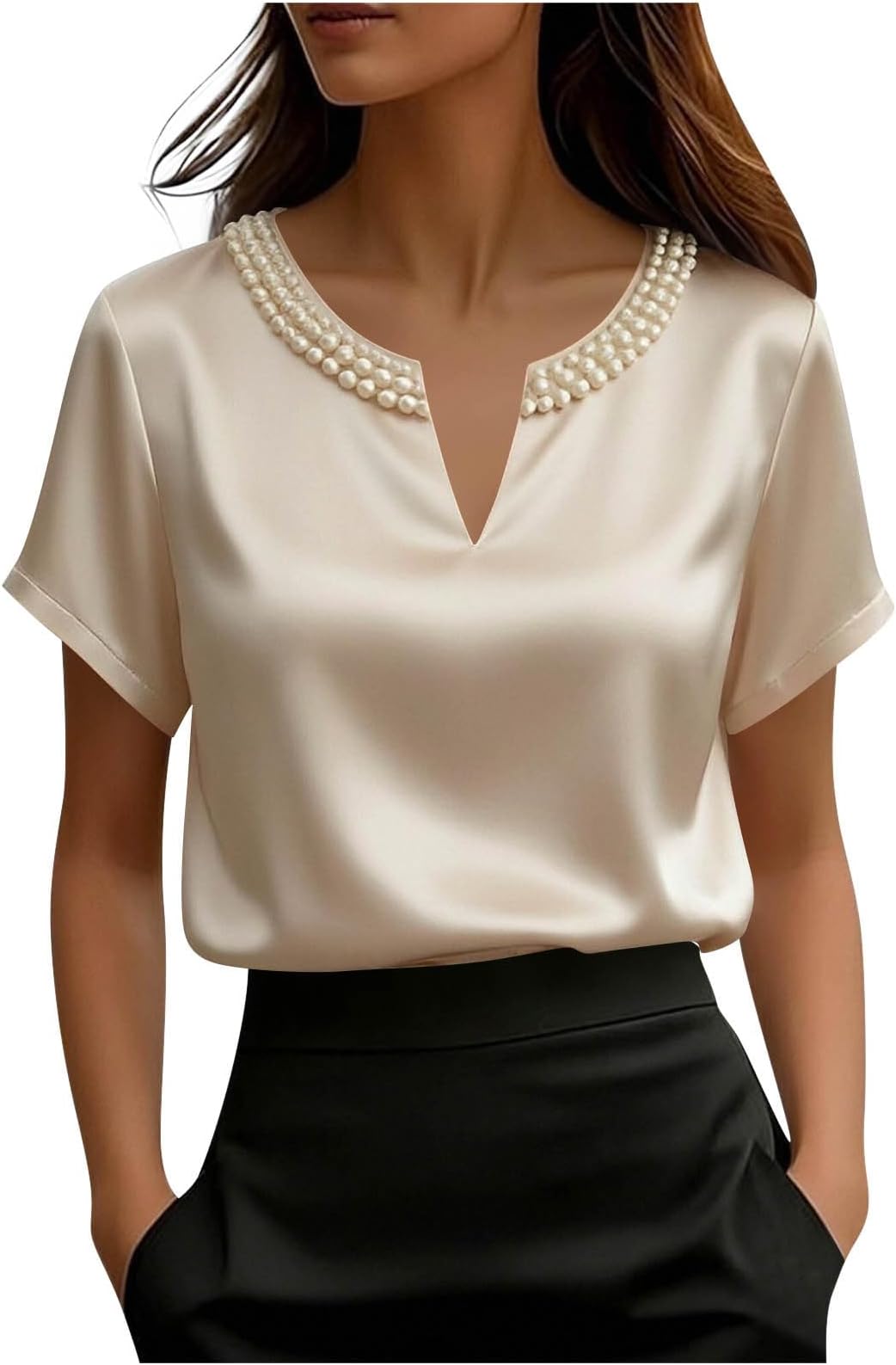 2026 Womens Blouse Elegant Pearls Beaded V Neck Short Sleeve Blouse Satin Slik Work Tops Spring Summer Outfits