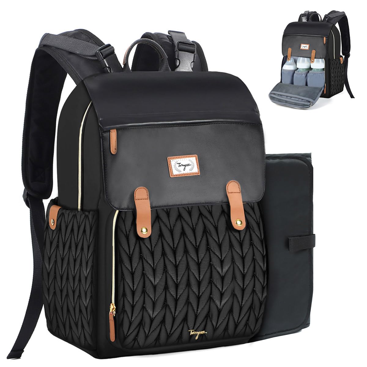 Baby Diaper Bag Backpack Waterproof Leather Diaper Bags, Quilted Diaper  Backpack with Changing Pad, Insulated Pockets, Stroller Buckle, Travel