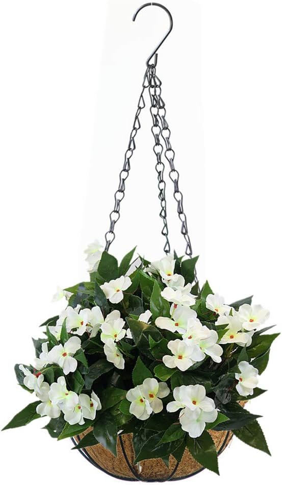 Set of Artificial Impatiens Flowers Hanging Coco Flowerpot with Chain for Home Decoration, White (A Small Basket and Artificial Flowers)