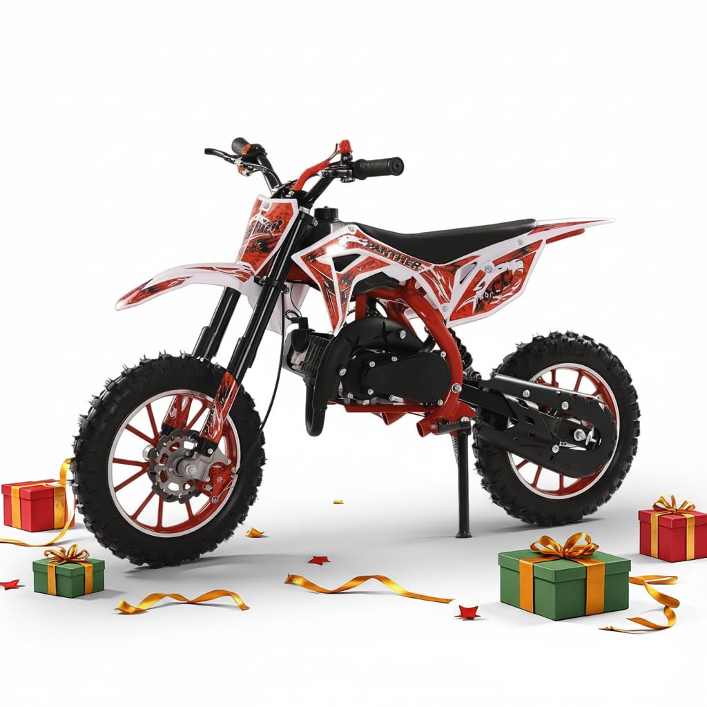 49cc Kids Dirt Bike, Mini Dirt Bike Gas Powered Off-Road Trail Bike, 2-Stroke Mini Motorcycle for Kids and Adults with Front and Rear Disc Brakes, Max Speed 40KM/H (Red)