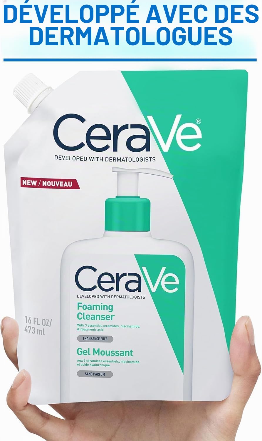 CeraVe Nettoyant moussant avec recharge – Avec acide hyaluronique, niacinamide et 3 céramides essentielles – Gel nettoyant quotidien pour peaux normales à grasses (473 ml + recharge de 473 ml)