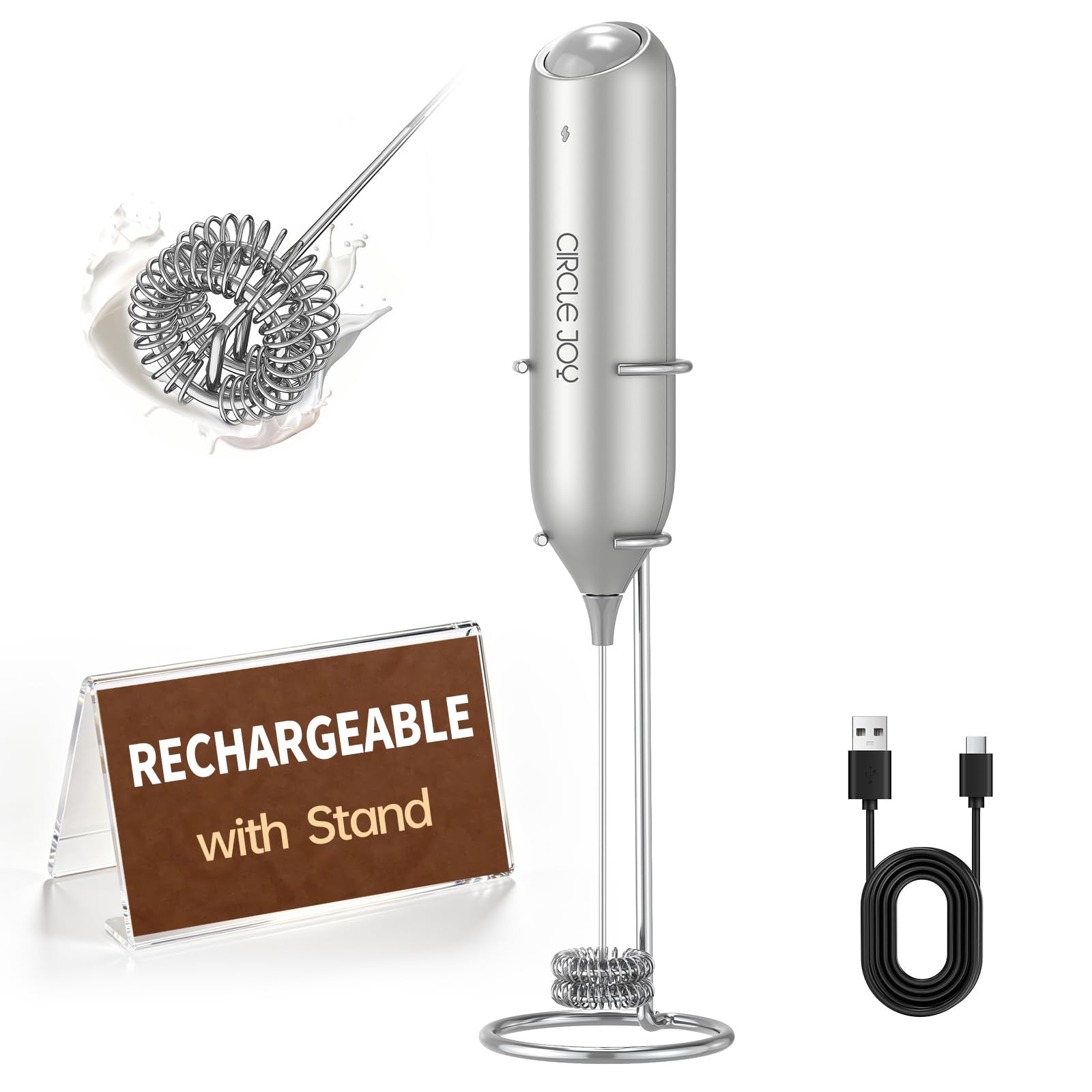 CIRCLE JOY Electric Rechargeable Milk Frother Handheld with Stand, Silver