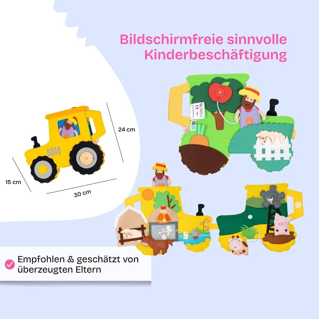 Jolly Designs Travel Buddy Trattore, libro di gioco Montessori e Quiet Book a partire da 1 anno, giocattolo sensoriale & Busy Board per passeggino, auto e viaggi, libro in tessuto per bambini piccoli