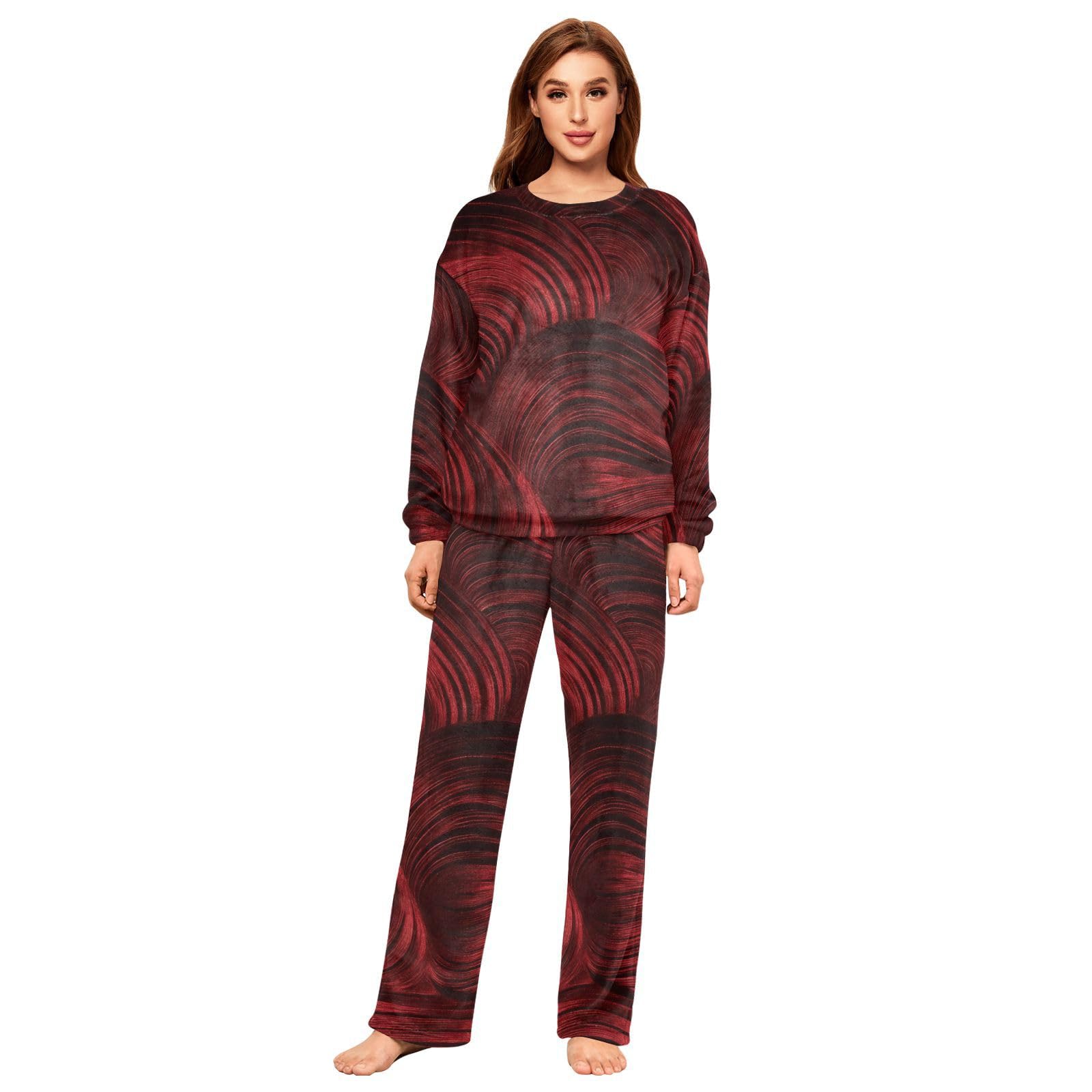 Set pigiama da donna in morbido velluto, a maniche lunghe, confezione da 2, colore: rosso