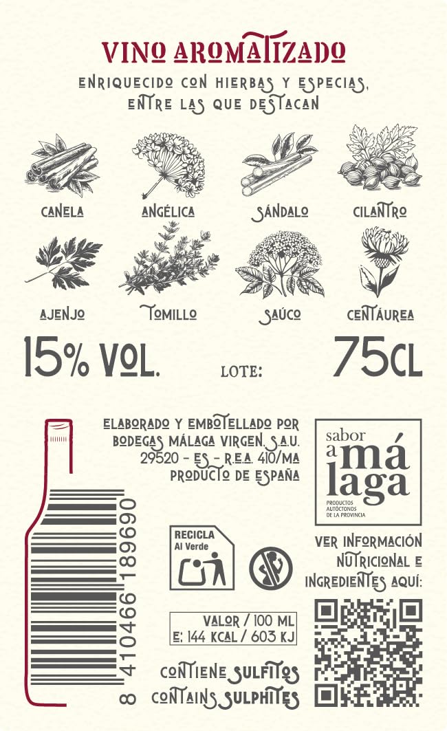 La Hora del Vermouth - Packung mit 4 Flaschen Vermouth Malaga Virgen à 75cl + 6 Weingläser. Süßer aromatischer Wein. Wermut.