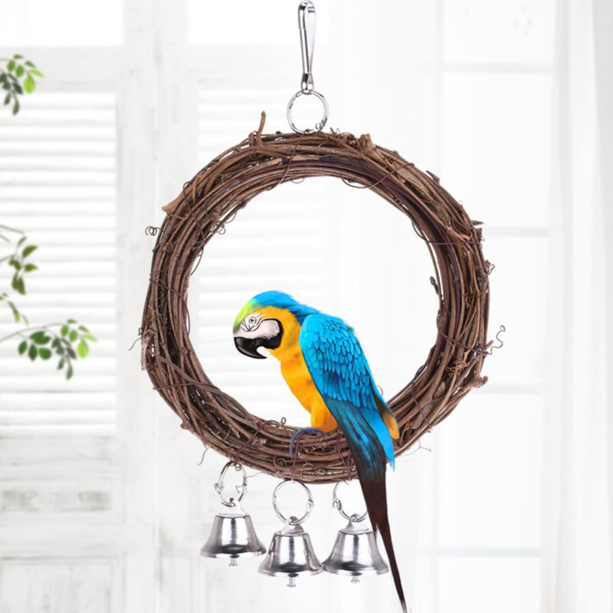 Angoily 2pezzi Altalena Per Uccelli Rattan Con Campanelli e Pervinca Legno Giocattolo Per Pappagalli e Parrocchetti Casuali
