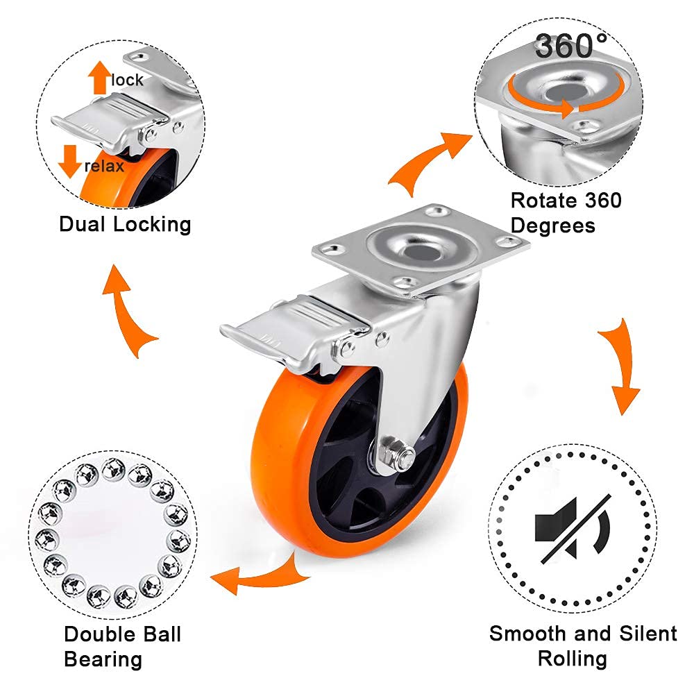 D&L 5 Inch Plate Casters Wheels 1800lbs Heavy Duty Casters with Brake Polyurethane Dual Locking Casters Set of 4 (Two Hardware Kits) DL-I5-001
